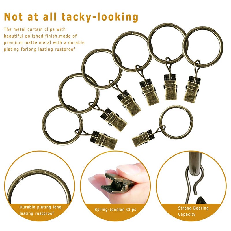 Lansian 44 Pack Curtain Rings with Clips Hooks 1 inch Rustproof Matte Metal Stainless Steel Drapery Rings for Tension Rod Bracket Eyelets Decorative Hangers, Bronze (1" Interior Diameter) - Image 2